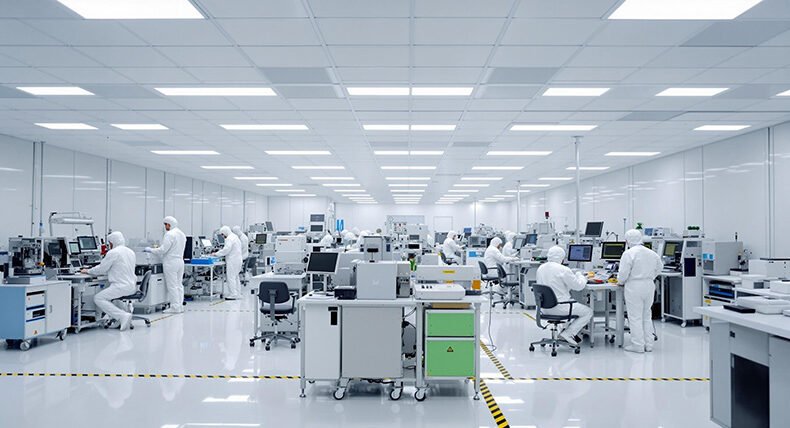 Electronics manufacturing worker wearing ESD uniform handling sensitive semiconductor components in cleanroom environment